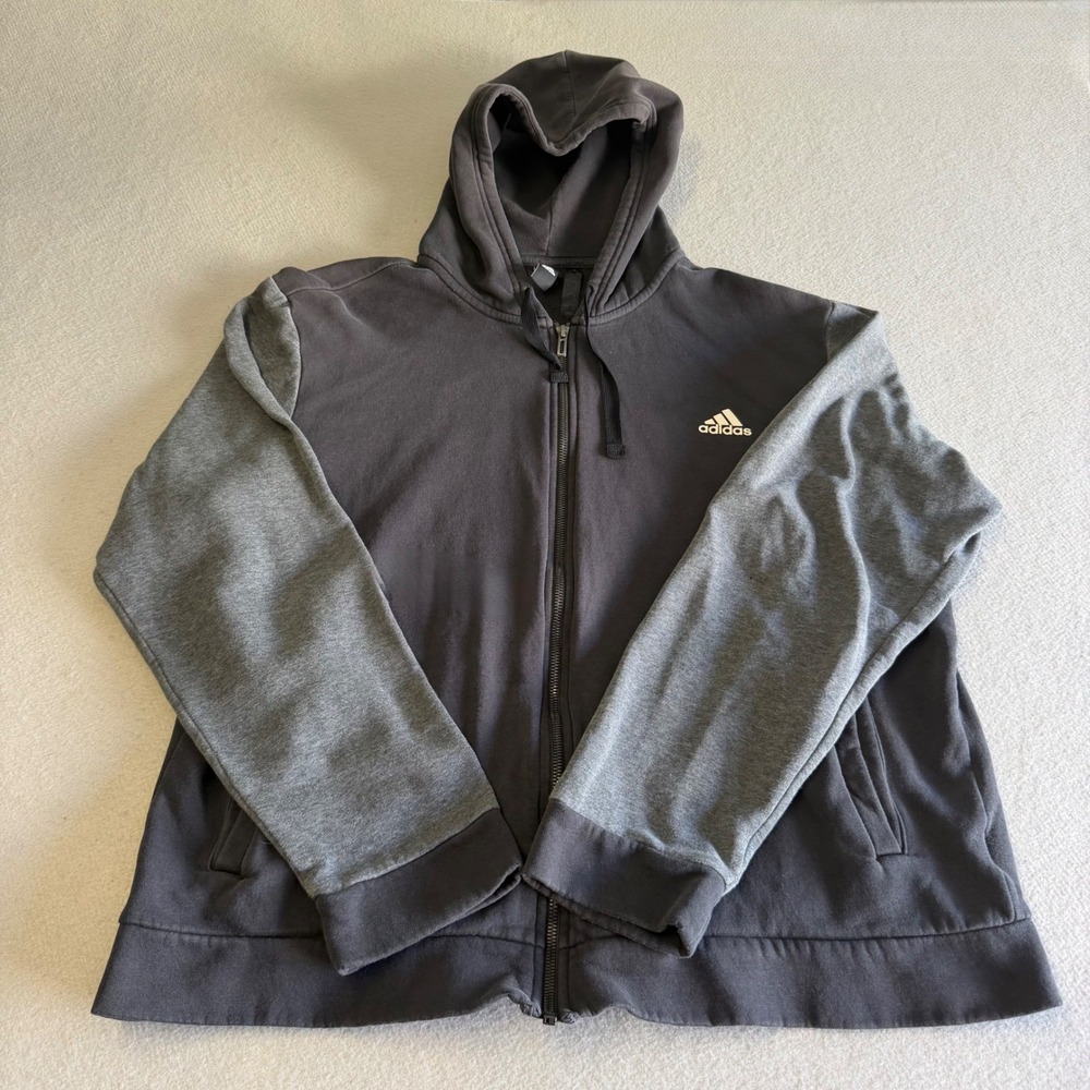 Adidas Mens Full Zip Hoodie Gray Colorblock Logo Sweatshirt Large